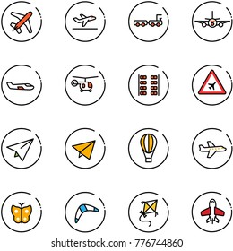 line vector icon set - plane vector, departure, baggage truck, small, helicopter, seats, airport road sign, paper, fly, air balloon, butterfly, boomerang, kite, toy