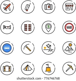line vector icon set - plane vector, suitcase, duty free, hotel, seats, dollar pin, customs road sign, bus, rock axe, palm, pyramid, tent, sand castle