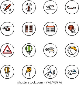 line vector icon set - plane vector, radar, departure, small, helicopter, seats, schedule, globe, side wind road sign, air balloon, ball, kite, mill, toy