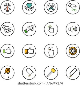 line vector icon set - plane radar vector, heart care, fork spoon plate, investment, cash pay, hand touch, volume max, like, finger up, victory, wheel, kite, fretsaw, rubber hammer, metal hacksaw