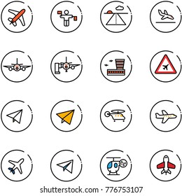 line vector icon set - plane vector, traffic controller, runway, arrival, boarding passengers, airport building, road sign, paper fly, helicopter, toy