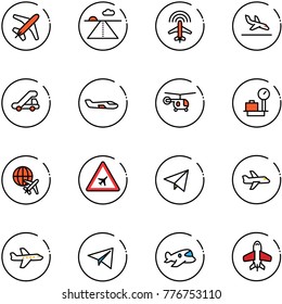 line vector icon set - plane vector, runway, radar, arrival, trap truck, small, helicopter, baggage scales, globe, airport road sign, paper fly, toy