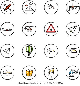 line vector icon set - plane vector, runway, arrival, boarding passengers, small, helicopter, airport road sign, paper, fly, air balloon, butterfly, kite, toy