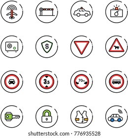 line vector icon set - plane radar vector, barrier, safety car, terrorism, safe, giving way road sign, cow, no, limited height, distance, bus, key, locked, life vest, wireless