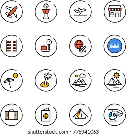 line vector icon set - plane vector, airport tower, departure, duty free, seats, baggage scales, globe, bus road sign, beach, palm, mountains, pyramid, suitcase, passport, tent, helicopter toy
