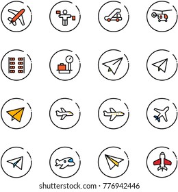 line vector icon set - plane vector, traffic controller, trap truck, helicopter, seats, baggage scales, paper, fly, toy