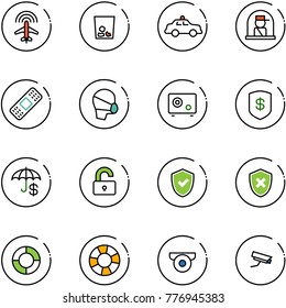 line vector icon set - plane radar vector, trash, safety car, officer window, medical patch, mask, safe, insurance, unlocked, shield check, cross, lifebuoy, surveillance camera