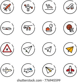 line vector icon set - plane vector, traffic controller, arrival, trap truck, small, helicopter, baggage scales, globe, airport road sign, paper, fly, toy