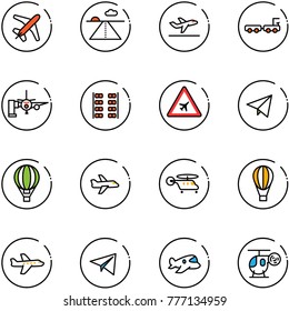 line vector icon set - plane vector, runway, departure, baggage truck, boarding passengers, seats, airport road sign, paper fly, air balloon, helicopter, toy