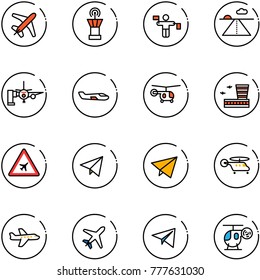 line vector icon set - plane vector, airport tower, traffic controller, runway, boarding passengers, small, helicopter, building, road sign, paper fly, toy