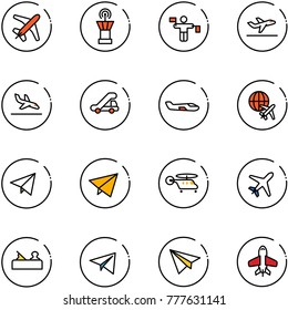 line vector icon set - plane vector, airport tower, traffic controller, departure, arrival, trap truck, small, globe, paper fly, helicopter, jointer, toy