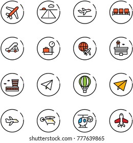 line vector icon set - plane vector, runway, departure, waiting area, trap truck, baggage scales, globe, airport building, paper fly, air balloon, helicopter, toy