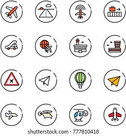 line vector icon set - plane vector, runway, radar, baggage, trap truck, globe, airport building, road sign, paper fly, air balloon, helicopter, toy