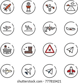line vector icon set - plane vector, airport tower, traffic controller, runway, departure, arrival, boarding passengers, small, building, road sign, paper fly, toy