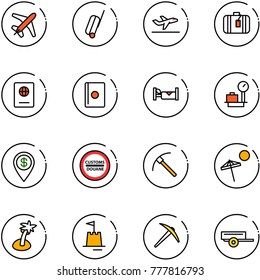 line vector icon set - plane vector, suitcase, departure, passport, hotel, baggage scales, dollar pin, customs road sign, rock axe, beach, palm, sand castle, trailer