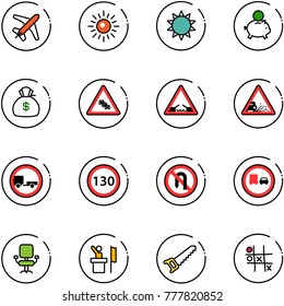 line vector icon set - plane vector, sun, piggy bank, money bag, multi lane traffic road sign, drawbridge, gravel, no trailer, speed limit 130, turn back, truck overtake, office chair, speaker, saw