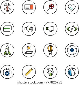 line vector icon set - plane radar vector, ticket, lollipop, heart pulse, credit card, volume max, loudspeaker, tag code, rocket, mat, air balloon, cd, camera, ruler, bear toy, basketball