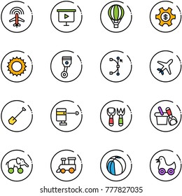 line vector icon set - plane radar vector, presentation board, air balloon, money managemet, sun, piston, bezier, shovel, laser lever, fork toy, bucket, elephant wheel, train, basketball, duck