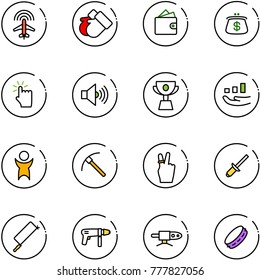 line vector icon set - plane radar vector, gloves, wallet, purse, hand touch, volume max, cup, growth, success, rock axe, victory, clinch, metal hacksaw, drill machine, pipe welding, tambourine