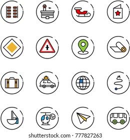 line vector icon set - plane seats vector, airport building, sleigh, star postcard, main road sign, intersection, map pin, mat, suitcase, car baggage, globe, trip, sailboat toy, helicopter, paper