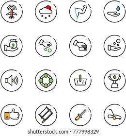 line vector icon set - plane radar vector, snowfall, power hand, drop, investment, card pay, cash, volume max, friends, basket, cup, finger up, bucksaw, clinch, lawn mower