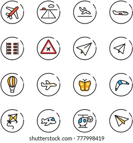 line vector icon set - plane vector, runway, arrival, small, seats, airport road sign, paper, fly, air balloon, butterfly, boomerang, kite, toy, helicopter