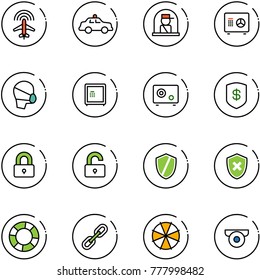 line vector icon set - plane radar vector, safety car, officer window, safe, medical mask, locked, unlocked, shield, cross, lifebuoy, link, parasol, surveillance camera