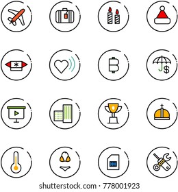 line vector icon set - plane vector, suitcase, candle, christmas hat, candy, heart beat, bitcoin, insurance, presentation board, building, win cup, crown, thermometer, swimsuit, sim