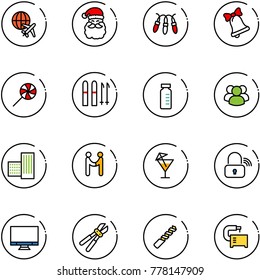 line vector icon set - plane globe vector, santa claus, garland, bell, lollipop, ski, vial, group, building, agreement, drink, wireless lock, monitor, bolt cutter, drill, machine tool