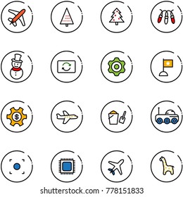 line vector icon set - plane vector, christmas tree, garland, snowman, card exchange, gear, flag, money managemet, bucket scoop, moon rover, record button, cpu, toy giraffe