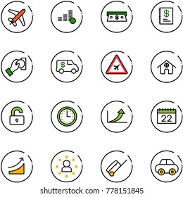 line vector icon set - plane vector, coin, cash, annual report, pay, encashment car, airport road sign, home, unlocked, time, growth arrow, calendar, rise, star man, suitcase