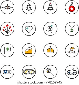 line vector icon set - plane vector, christmas tree, ball, firework, heart, run, yen, dollar flag, growth, crown, bungalow, projector, protective glasses, horse stick toy, gamepad