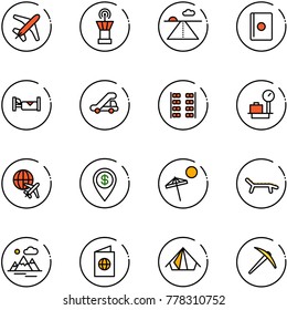 line vector icon set - plane vector, airport tower, runway, passport, hotel, trap truck, seats, baggage scales, globe, dollar pin, beach, lounger, mountains, tent, axe