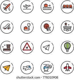 line vector icon set - plane vector, departure, baggage, waiting area, trap truck, scales, globe, airport building, road sign, paper fly, air balloon, toy, helicopter