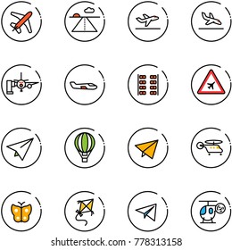 line vector icon set - plane vector, runway, departure, arrival, boarding passengers, small, seats, airport road sign, paper, air balloon, fly, helicopter, butterfly, kite, toy