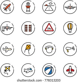 line vector icon set - plane vector, airport tower, runway, boarding passengers, seats, side wind road sign, air balloon, kite, protect glass, dryer, toy, beach ball