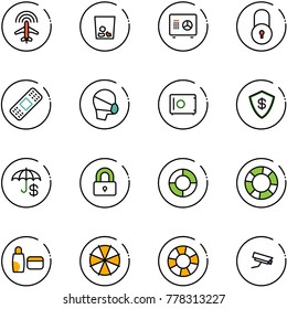 line vector icon set - plane radar vector, trash, safe, lock, medical patch, mask, insurance, locked, lifebuoy, uv cream, parasol, surveillance camera