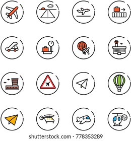 line vector icon set - plane vector, runway, departure, baggage, trap truck, scales, globe, airport building, road sign, paper fly, air balloon, helicopter, toy