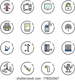 line vector icon set - plane radar vector, tv, diagnostic monitor, unlocked, printer, mobile, phone, antenna, satellite, bezier, sun panel, binary code, wind mill, soldering iron, allen key, robot