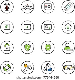 line vector icon set - plane radar vector, safety car, safe, medical patch, unlocked, shield, check, user password, lifebuoy, key hand, recycling, protective glasses