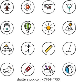 line vector icon set - plane radar vector, sun, helicopter, bladder, weight, air balloon, pyramid, car baggage, bezier, ruler, rake, duck toy, marker, shovel bucket, basketball
