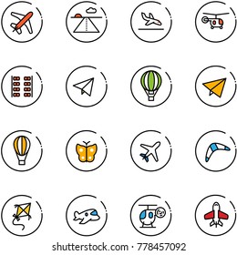 line vector icon set - plane vector, runway, arrival, helicopter, seats, paper fly, air balloon, butterfly, boomerang, kite, toy