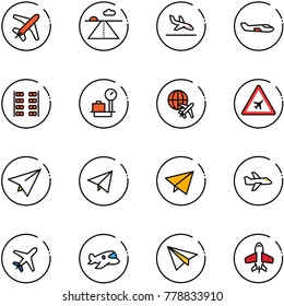 line vector icon set - plane vector, runway, arrival, small, seats, baggage scales, globe, airport road sign, paper, fly, toy