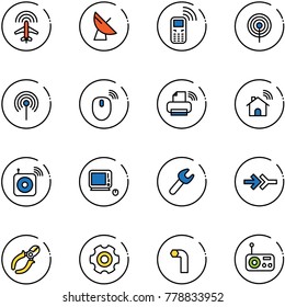 line vector icon set - plane radar vector, satellite antenna, mobile phone, mouse wireless, printer, home, speaker, monoblock pc, wrench, connect, side cutters, gear, allen key, radio