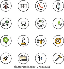 line vector icon set - plane radar vector, automatic doors, phone, drop counter, investment, cart, standby, hand sproute, money tree, pawn, team leader, target, rocket, sea hotel, power bank, hammer