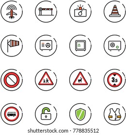 line vector icon set - plane radar vector, barrier, terrorism, road cone, side wind, safe, prohibition sign, children, wild animals, limited height, no bus, unlocked, shield, life vest