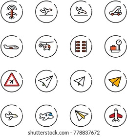 line vector icon set - plane radar vector, departure, arrival, trap truck, small, helicopter, seats, baggage scales, airport road sign, paper, fly, toy