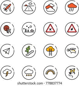 line vector icon set - plane vector, runway, clouds, storm, globe, christmas landscape, airport road sign, abrupt turn right, paper fly, career, cloud ladder, helicopter, rain, rainbow, kite