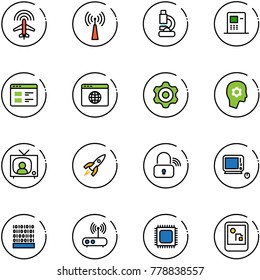 line vector icon set - plane radar vector, antenna, lab, atm, website, browser globe, gear, brain work, tv news, rocket, wireless lock, monoblock pc, binary code, wi fi router, cpu, game console