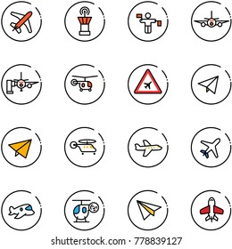 line vector icon set - plane vector, airport tower, traffic controller, boarding passengers, helicopter, road sign, paper fly, toy